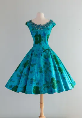 1950's Cotton Party Dress By Alix of Miami Under The Sea Print / Waist 34"