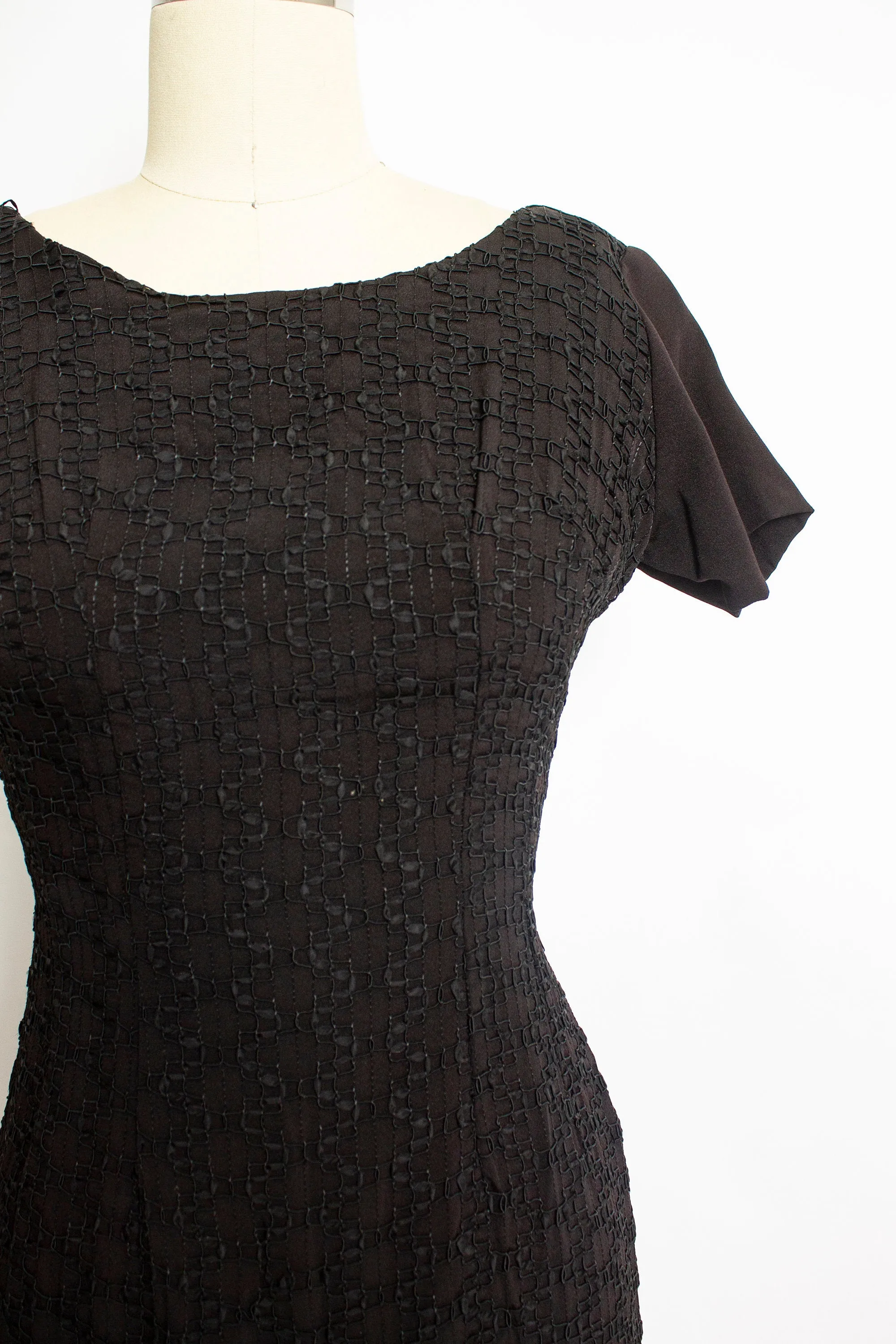 1950s Dress Black Rayon Crepe Embroidered S