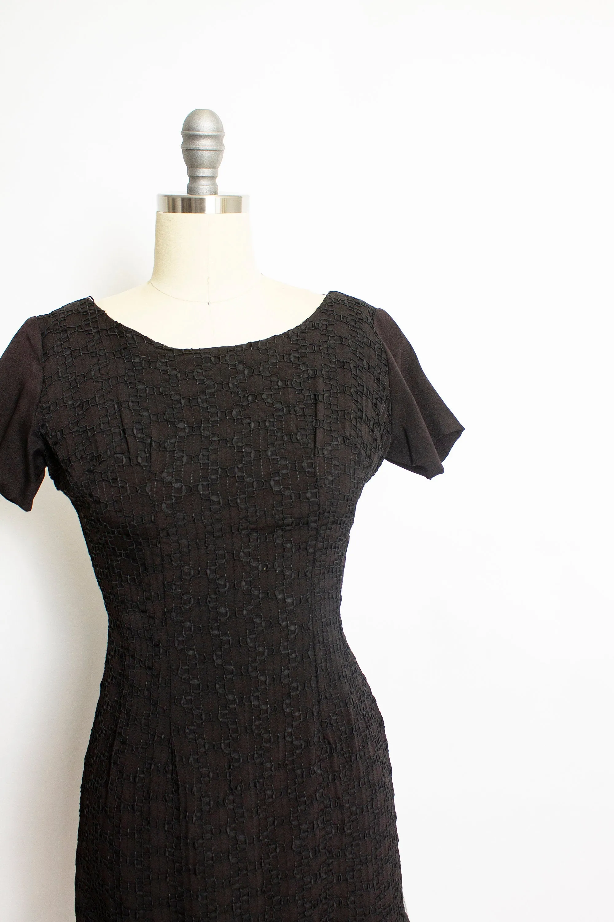 1950s Dress Black Rayon Crepe Embroidered S