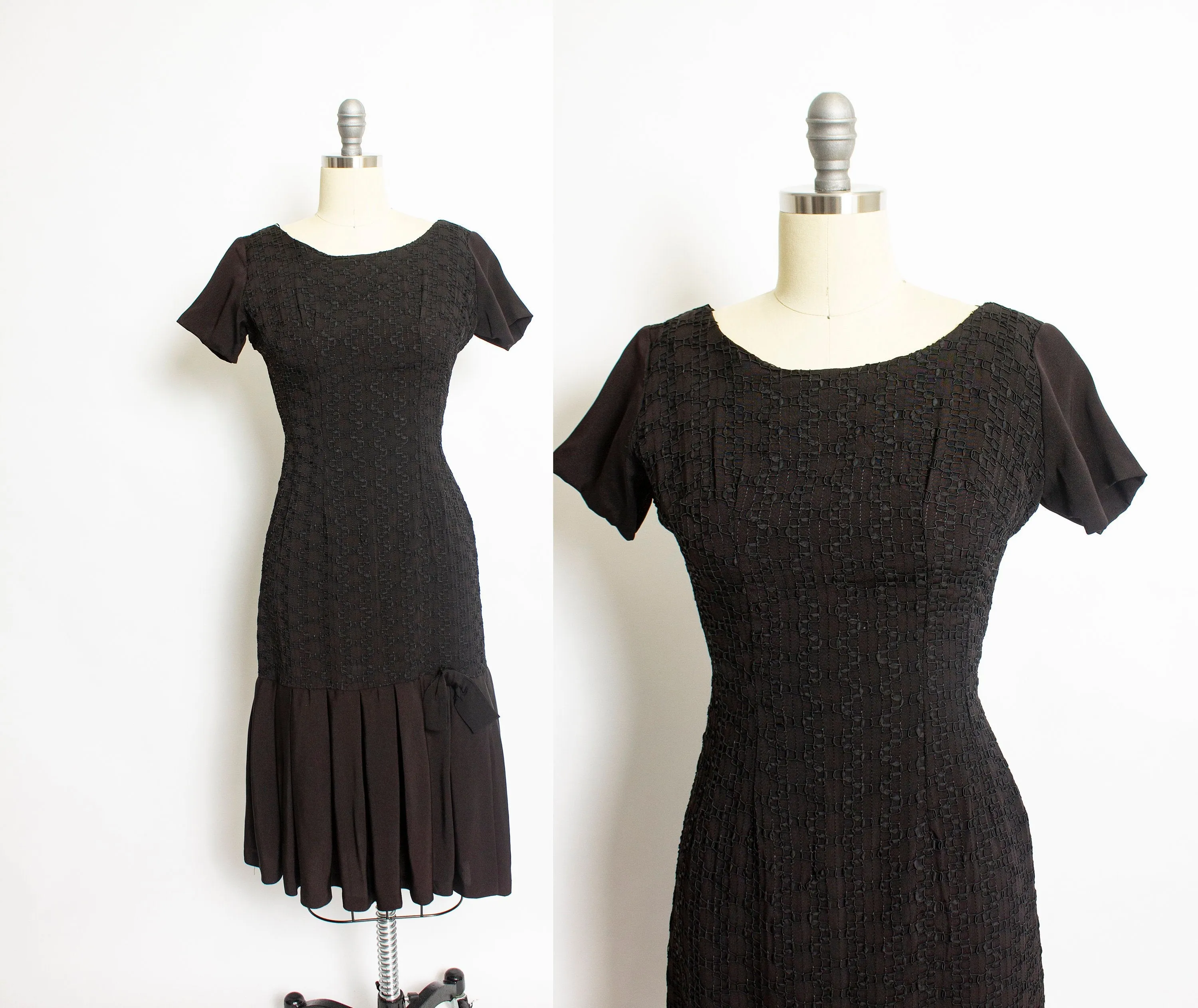 1950s Dress Black Rayon Crepe Embroidered S