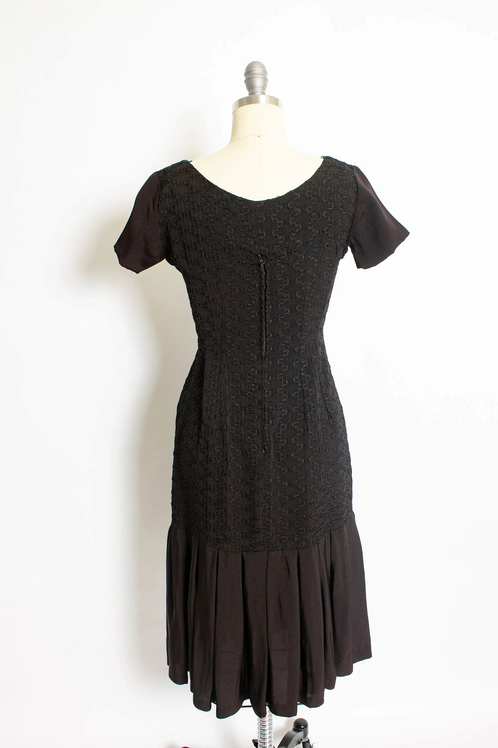 1950s Dress Black Rayon Crepe Embroidered S