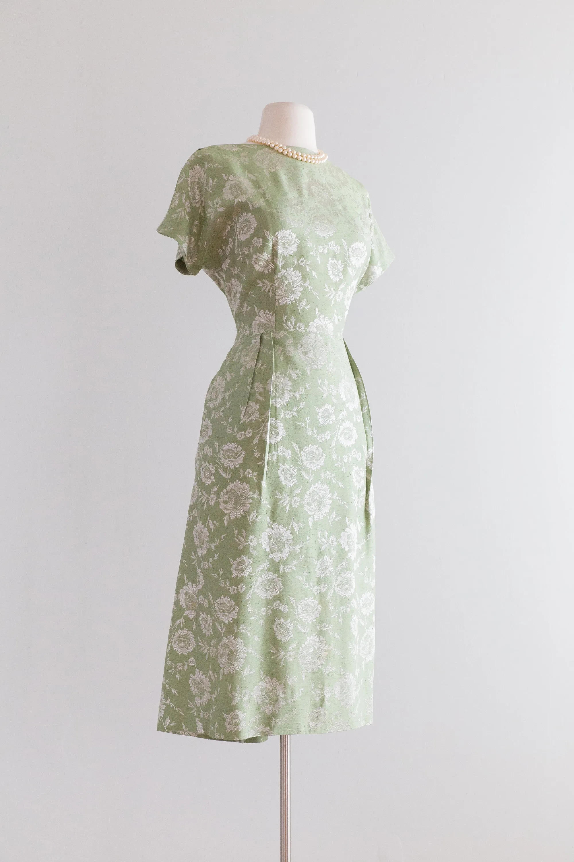 1950s Sage Green Floral Print Brocade Cocktail Dress With Dramatic Back / Waist 28