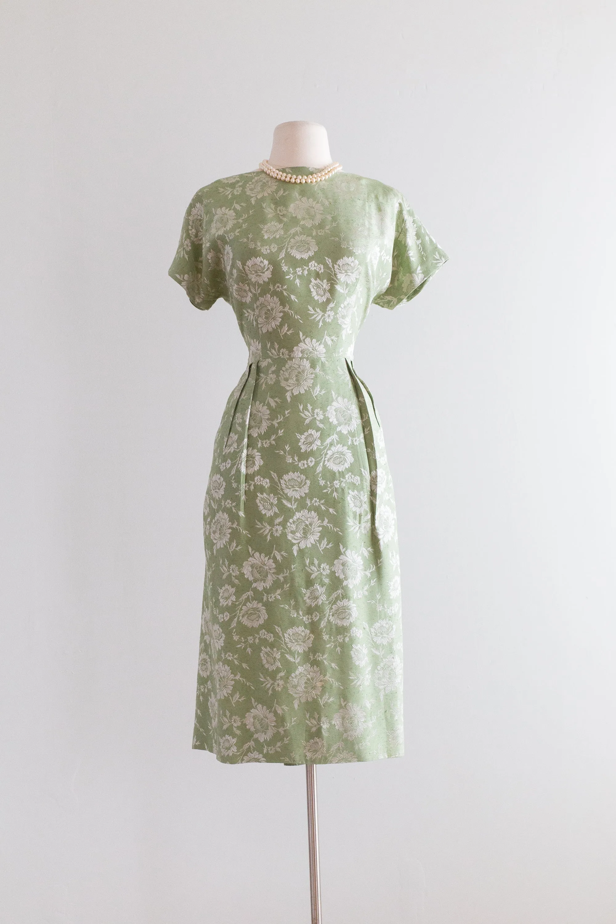 1950s Sage Green Floral Print Brocade Cocktail Dress With Dramatic Back / Waist 28