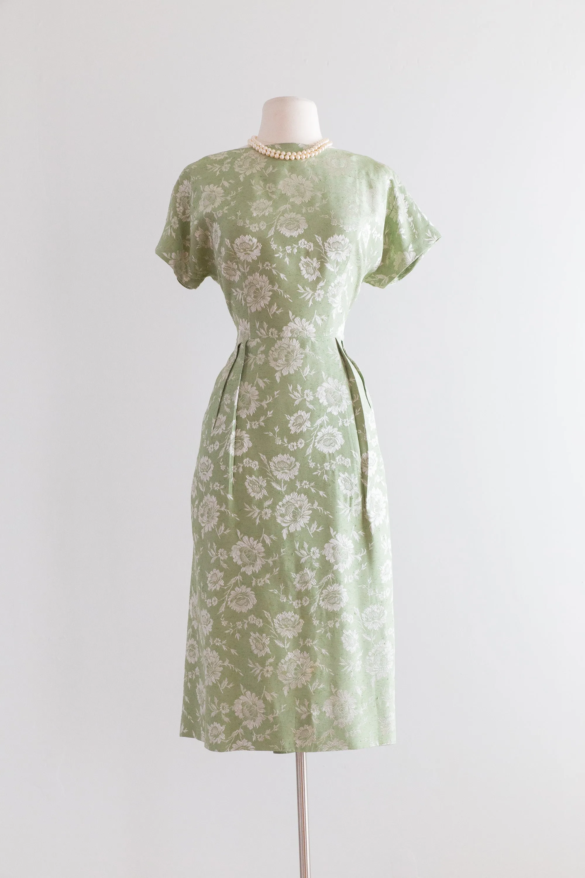 1950s Sage Green Floral Print Brocade Cocktail Dress With Dramatic Back / Waist 28