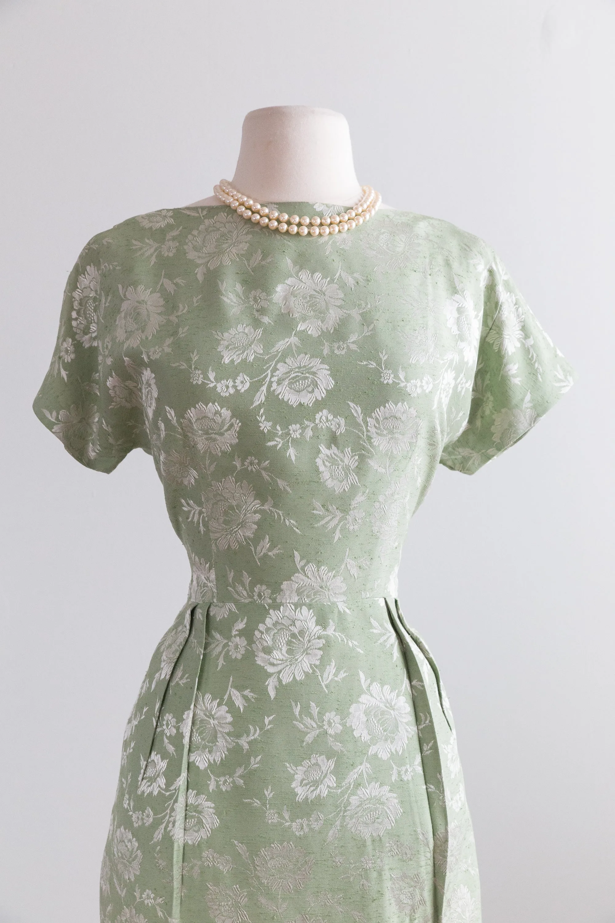 1950s Sage Green Floral Print Brocade Cocktail Dress With Dramatic Back / Waist 28