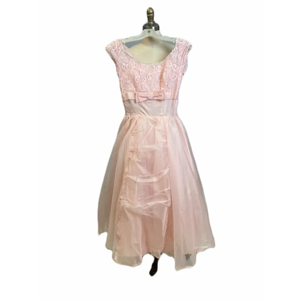 1950's Vintage Pink Dress Prom Party Full Skirt Rockabilly Nylon Sz XS