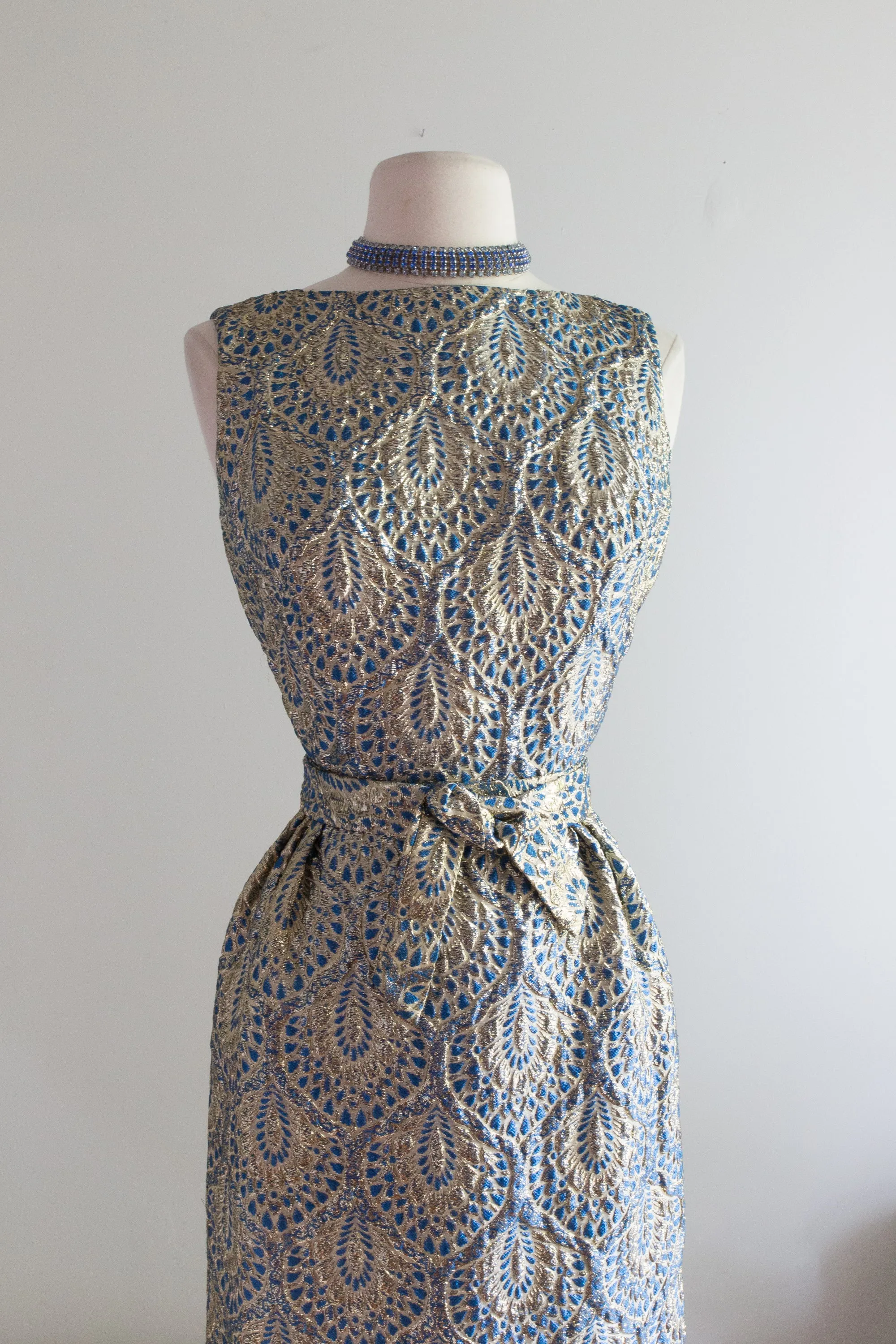 1960's Peacock Blue and Gold Brocade Cocktail Dress / Small