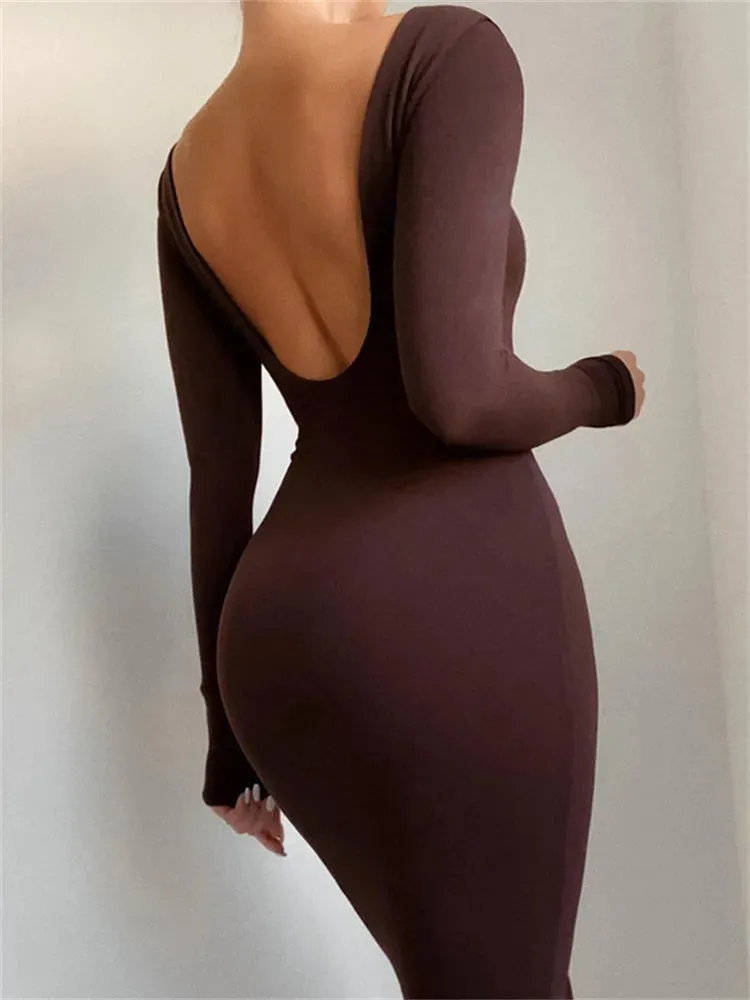 2024 Elegant Backless Brown Long Sleeve Midi Bodycon Dress