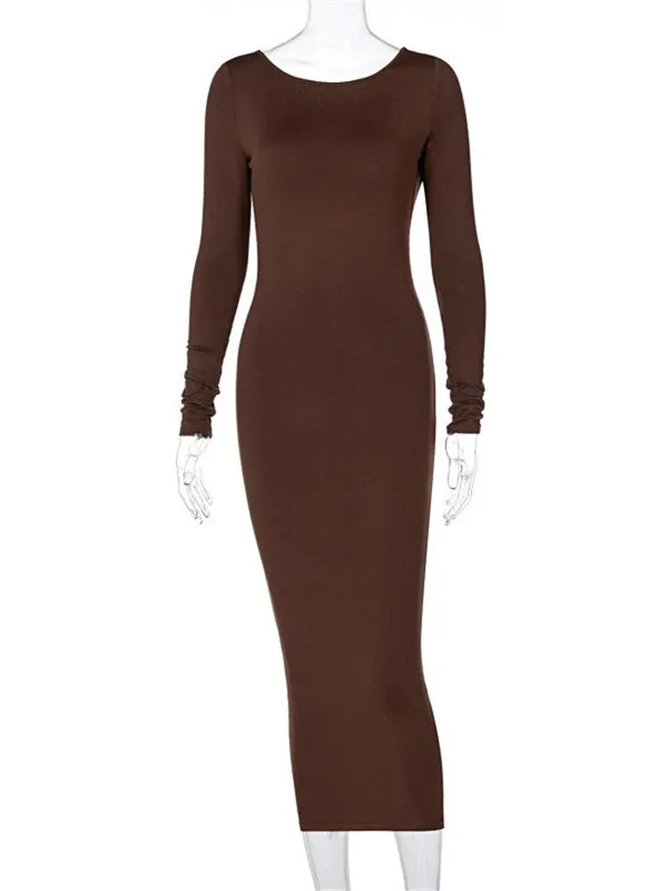 2024 Elegant Backless Brown Long Sleeve Midi Bodycon Dress