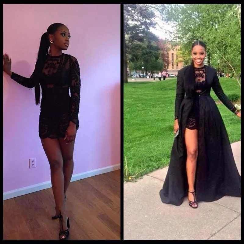 2024 New Style Vintage Long Sleeve Sexy Black A-Line Lace High Neck Prom Dresses JS984