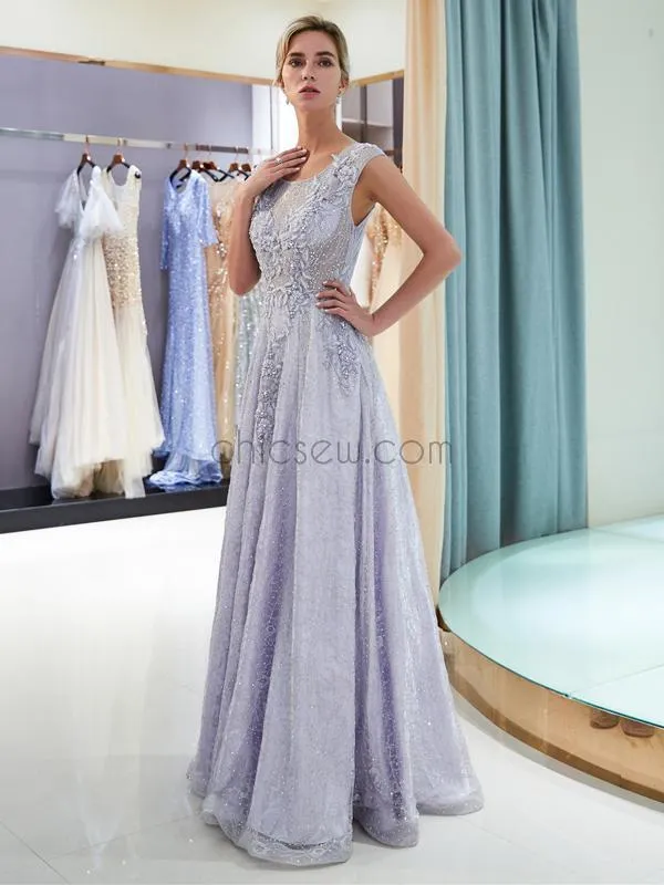 A-line Applique Lace Beaded Long Prom Dresses SDP1156