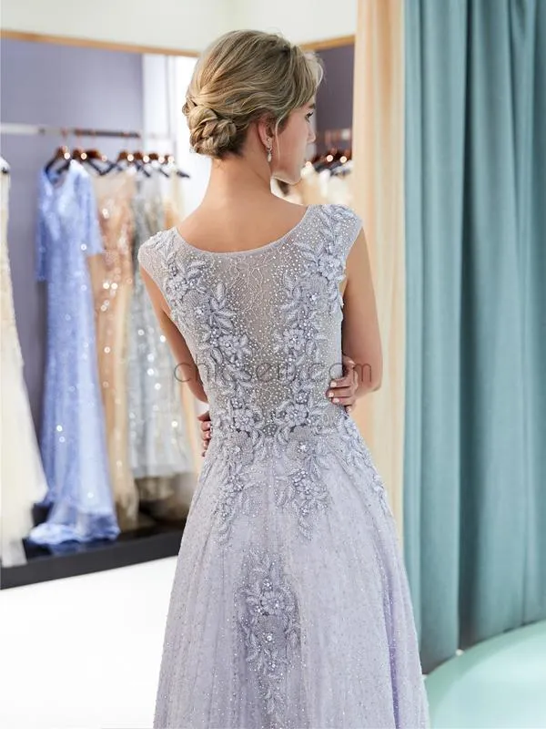 A-line Applique Lace Beaded Long Prom Dresses SDP1156