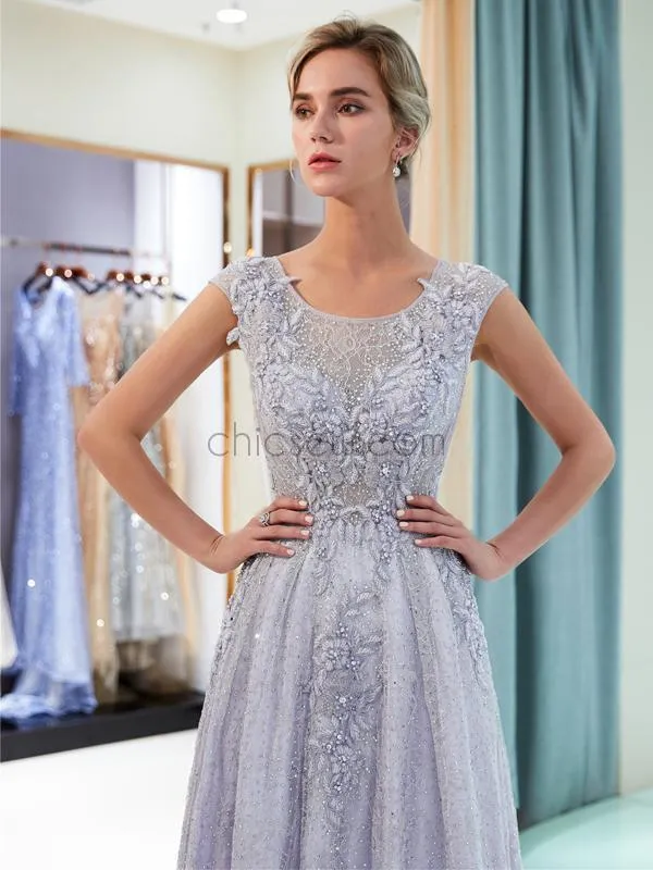 A-line Applique Lace Beaded Long Prom Dresses SDP1156