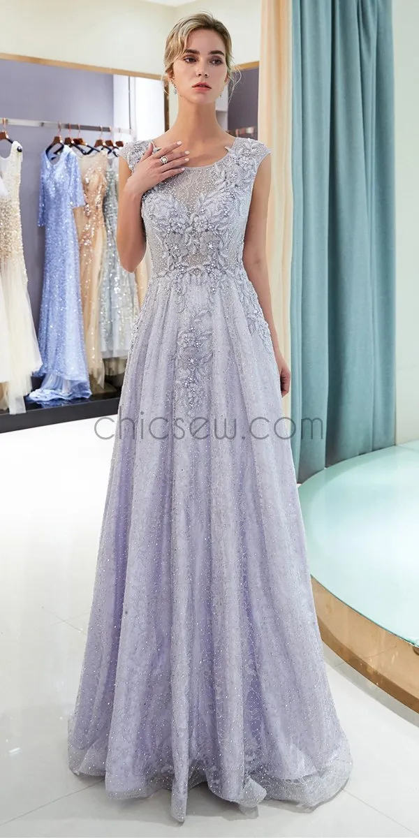 A-line Applique Lace Beaded Long Prom Dresses SDP1156