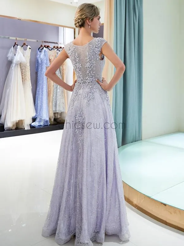 A-line Applique Lace Beaded Long Prom Dresses SDP1156