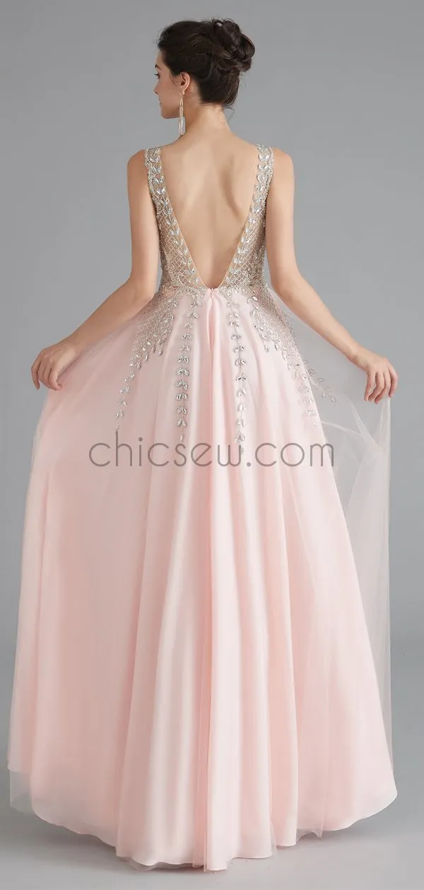 A-line Beaded Custom V-Neck Elegant Pink Sleeveless Long Prom Dresses, Evening dress LMX1181