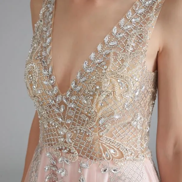 A-line Beaded Custom V-Neck Elegant Pink Sleeveless Long Prom Dresses, Evening dress LMX1181