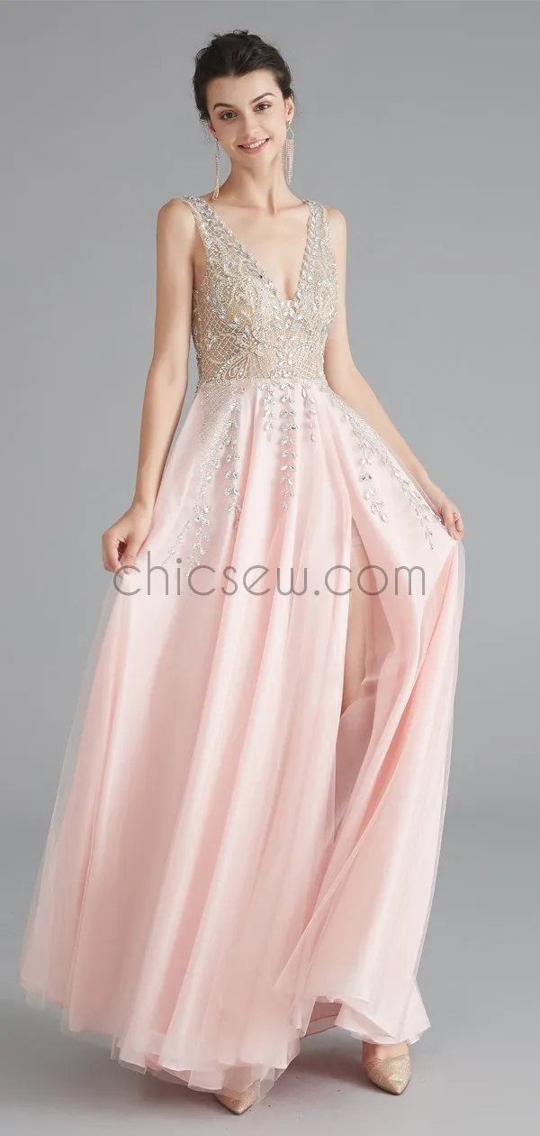 A-line Beaded Custom V-Neck Elegant Pink Sleeveless Long Prom Dresses, Evening dress LMX1181