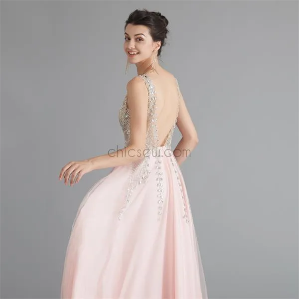 A-line Beaded Custom V-Neck Elegant Pink Sleeveless Long Prom Dresses, Evening dress LMX1181