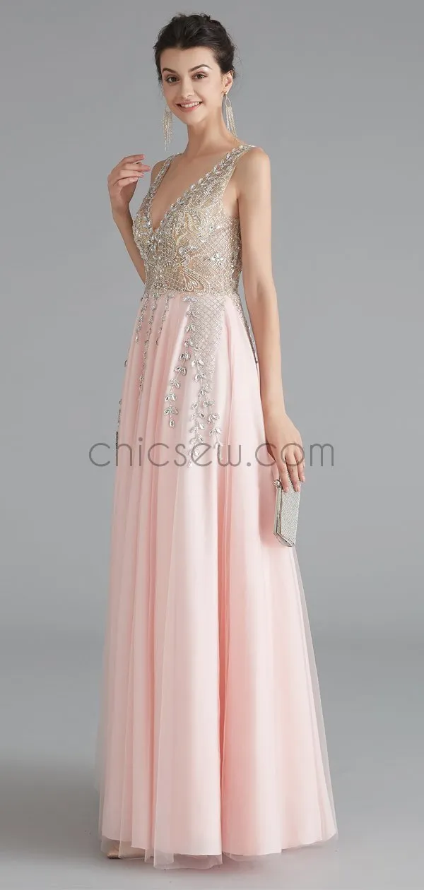 A-line Beaded Custom V-Neck Elegant Pink Sleeveless Long Prom Dresses, Evening dress LMX1181