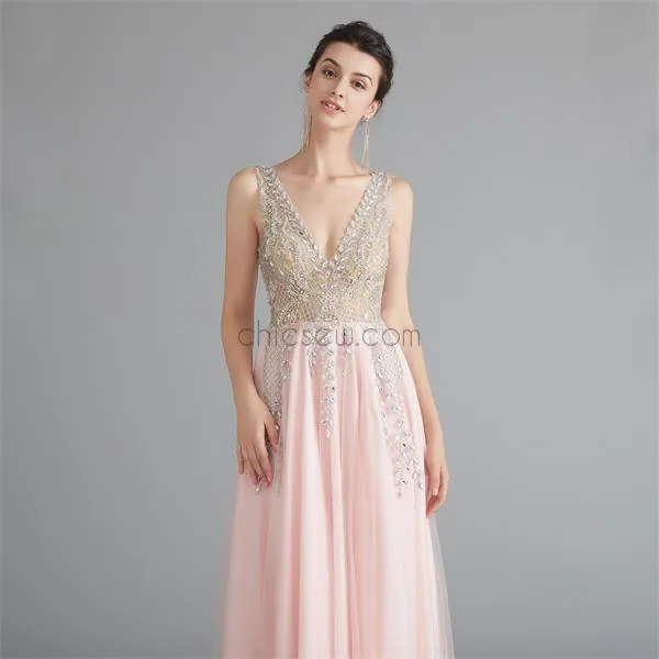 A-line Beaded Custom V-Neck Elegant Pink Sleeveless Long Prom Dresses, Evening dress LMX1181