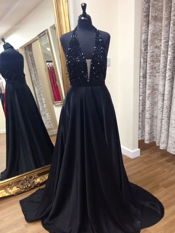 A Line Halter Neck Backless Beaded Black Long Prom, V Neck Black Formal, Backless Black Evening