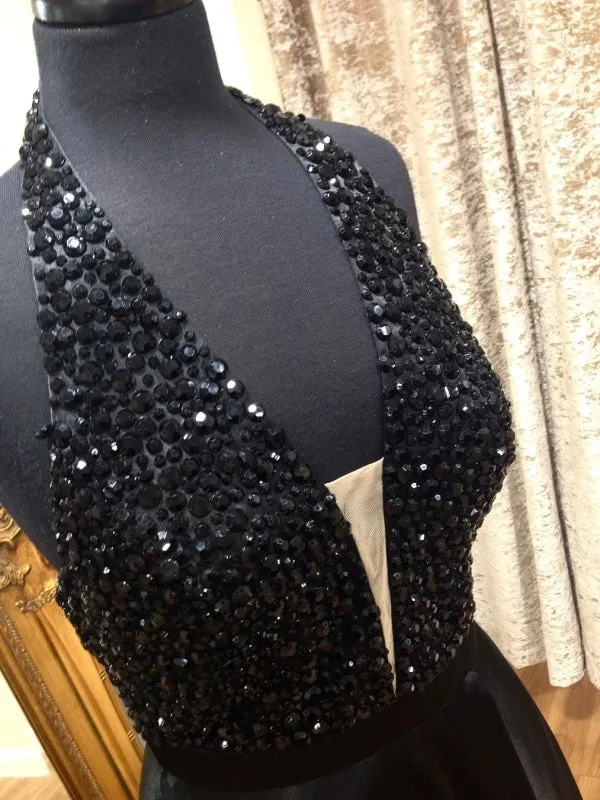 A Line Halter Neck Backless Beaded Black Long Prom, V Neck Black Formal, Backless Black Evening