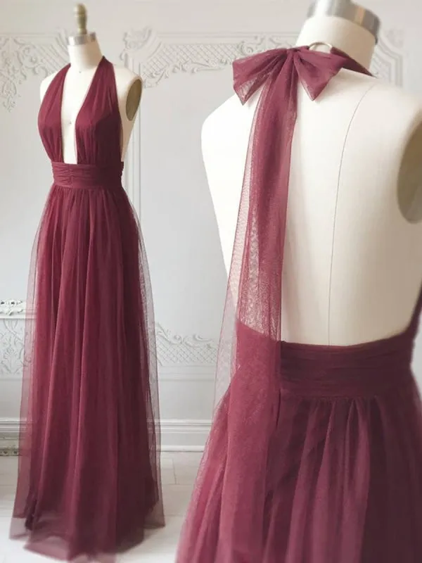 A Line Halter Neck Backless Burgundy Prom, Backless Burgundy Formal, Burgundy Evening