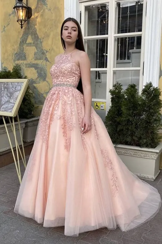 A Line High Neck Pink Lace Long Prom, Pink Lace Formal Graduation Evening