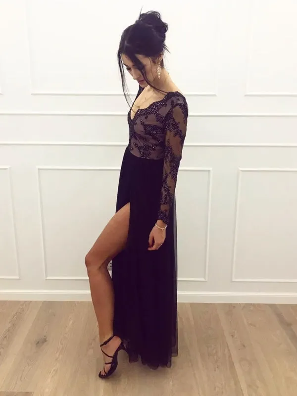 A Line Long Sleeves V Neck Lace Black Prom with Split, V Neck Long Sleeves Black Lace Formal, Black Lace Evening