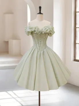 A-Line Off Shoulder Organza Green Short Prom Dress,Cute Homecoming Dress with Beads