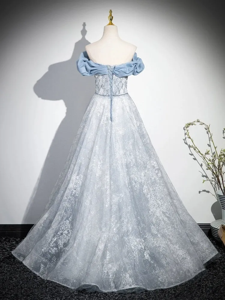 A-Line Off Shoulder Tulle Lace Beads Blue Long Prom Dress, Blue Long Formal Dress