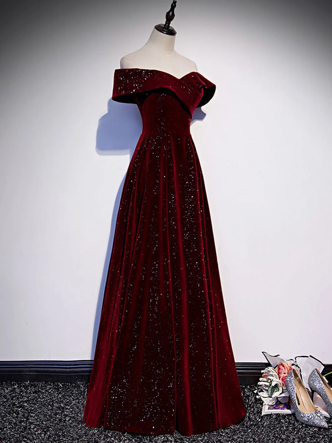 A-Line Off  Shoulder Velvet Burgundy Long Prom Dress, Burgundy Long Formal Dress