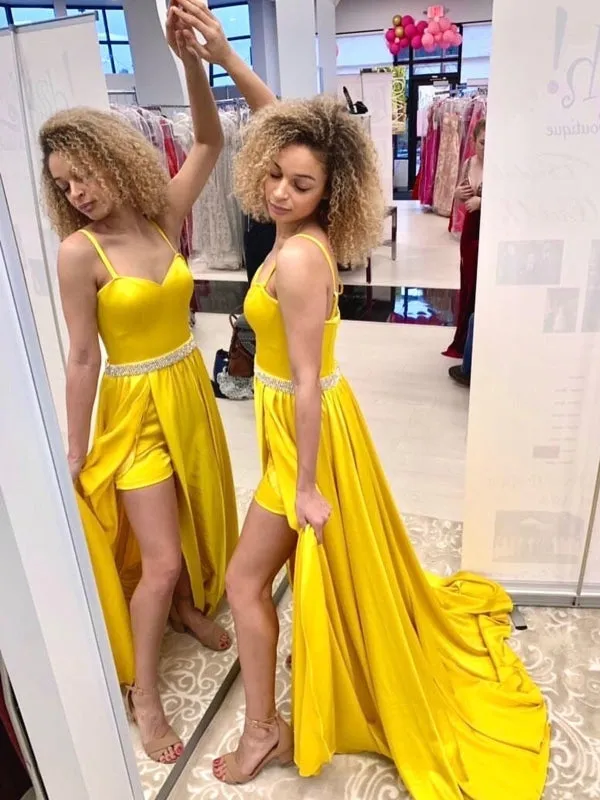 A Line Open Back Yellow Long Prom with Belt, High Slit Yellow Formal, Yellow Evening