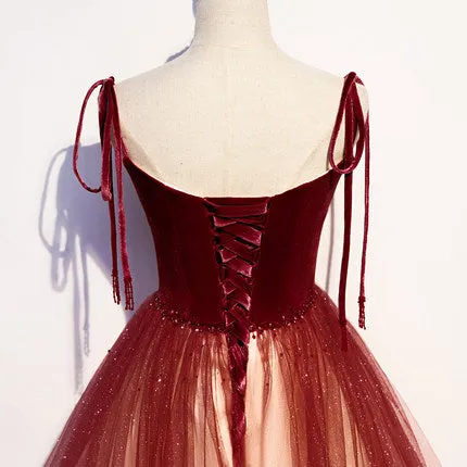 A line Red Sequin Tulle Prom Dresses Sexy Evening Dress SH082