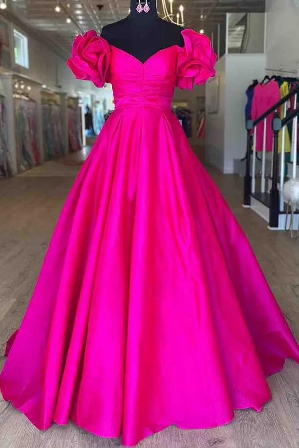 A-Line Ruffle Shoulder Fuchsia Satin Long Prom Dress PC1333