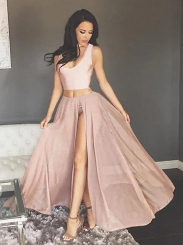 A Line Scoop Neck Two Pieces Chiffon Pink Long Prom with High Slit, Two Pieces Pink Formal, Graduation