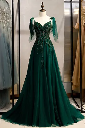 A-Line Spaghetti Straps Dark Green Prom Dress with Beading