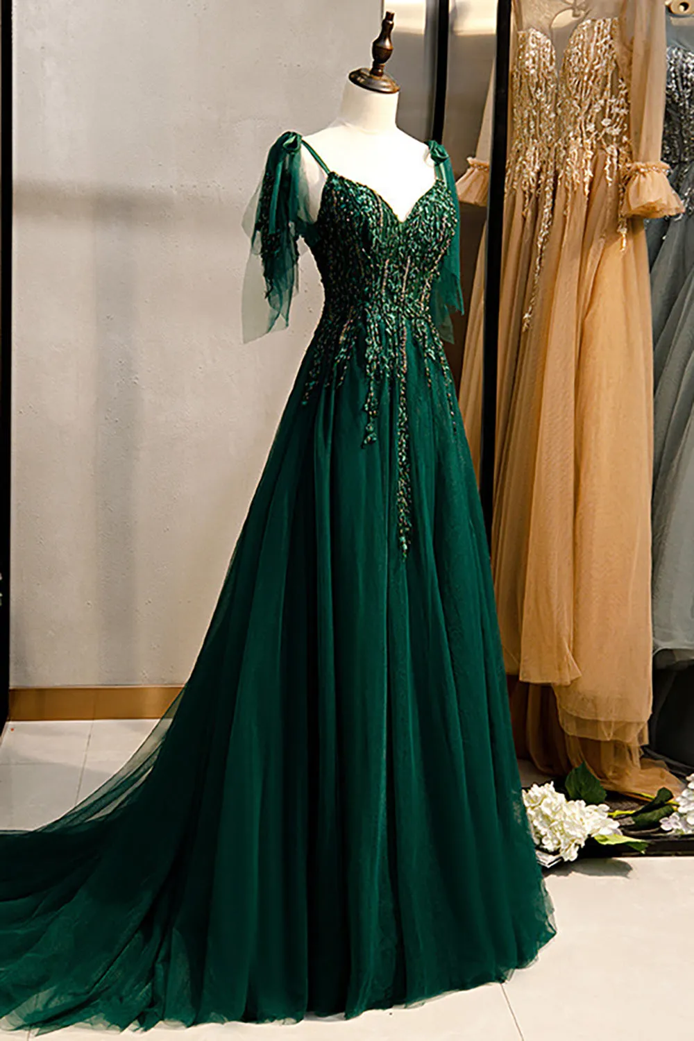 A-Line Spaghetti Straps Dark Green Prom Dress with Beading