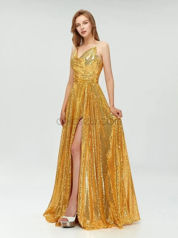 A-line Spaghetti Straps Gold Sparkly Sequin Side Slit Long Prom Dresses, Party Dress LMX1125