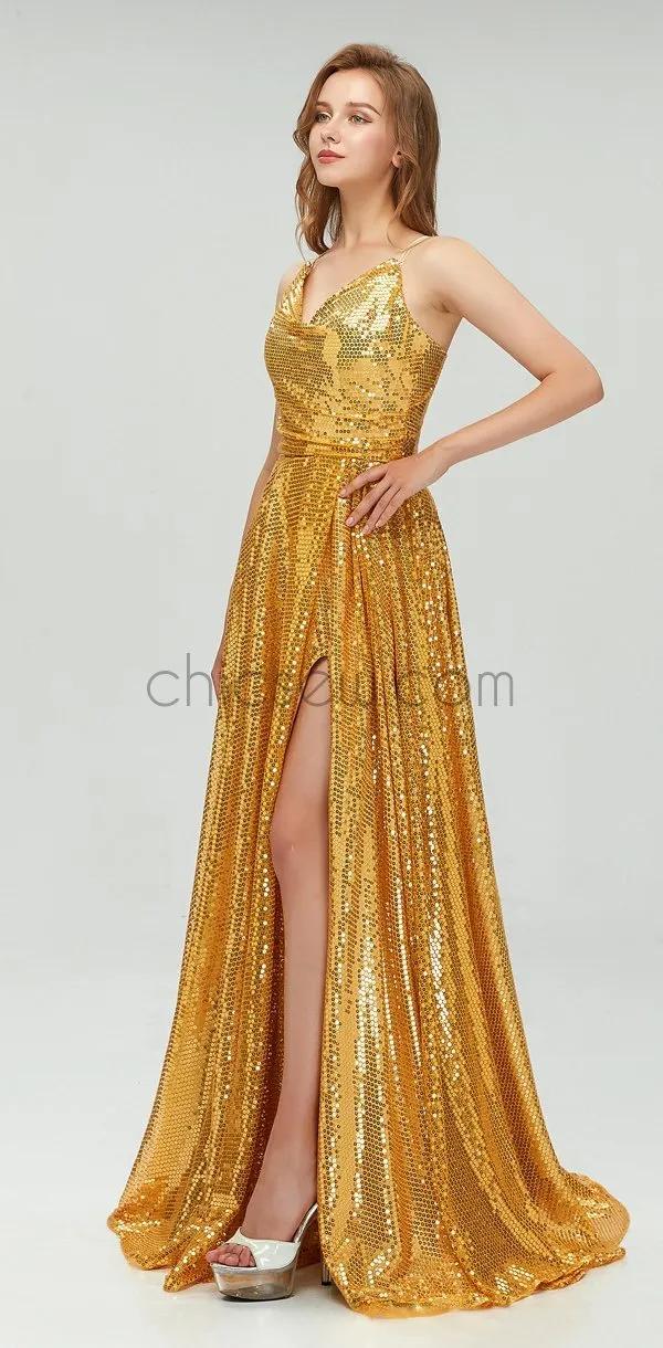 A-line Spaghetti Straps Gold Sparkly Sequin Side Slit Long Prom Dresses, Party Dress LMX1125