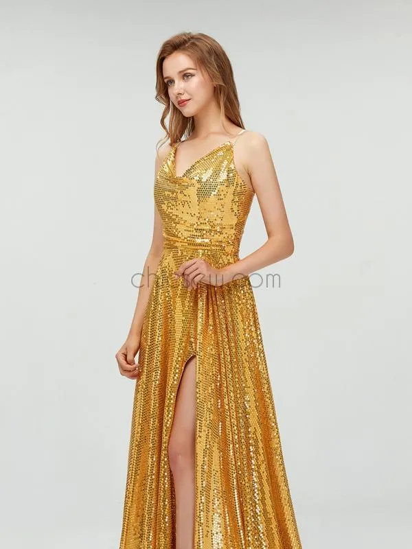 A-line Spaghetti Straps Gold Sparkly Sequin Side Slit Long Prom Dresses, Party Dress LMX1125