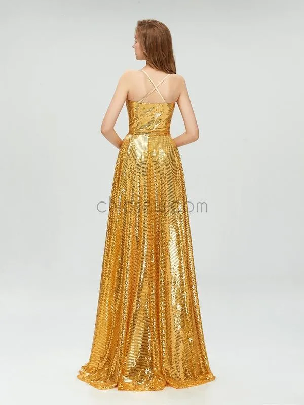 A-line Spaghetti Straps Gold Sparkly Sequin Side Slit Long Prom Dresses, Party Dress LMX1125