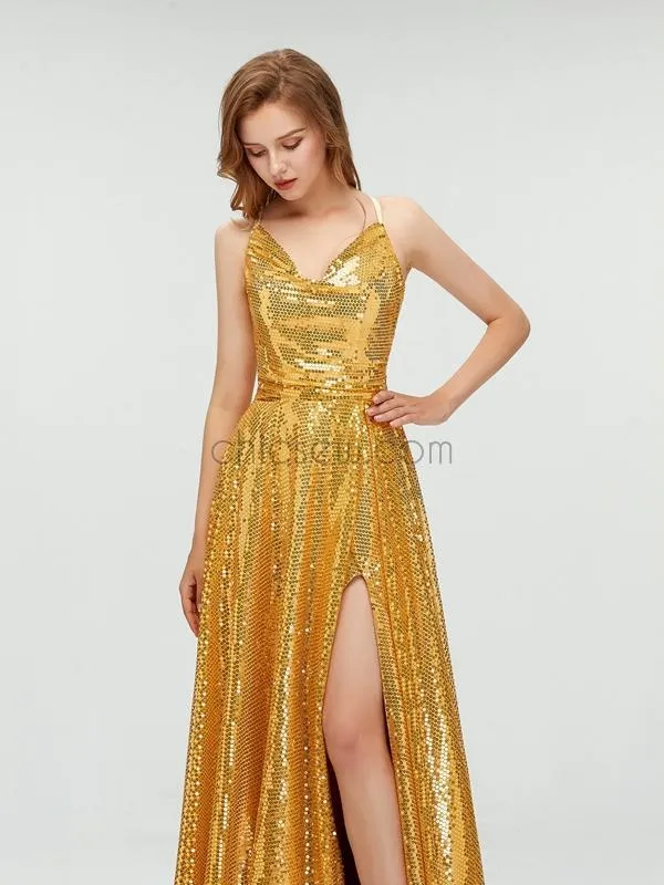 A-line Spaghetti Straps Gold Sparkly Sequin Side Slit Long Prom Dresses, Party Dress LMX1125