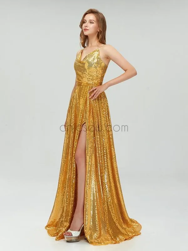 A-line Spaghetti Straps Gold Sparkly Sequin Side Slit Long Prom Dresses, Party Dress LMX1125