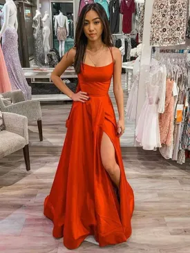 A Line Spaghetti Straps Red Satin Long Prom with Slit, Red Formal Graduation Evening