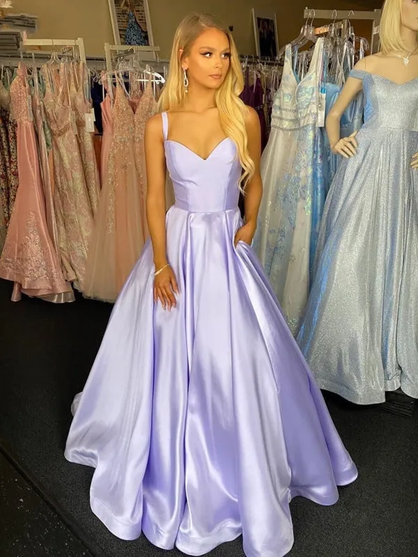 A Line Spaghetti Straps V Neck Purple Satin Long Prom with Belt, V Neck Purple Formal Graduation Evening