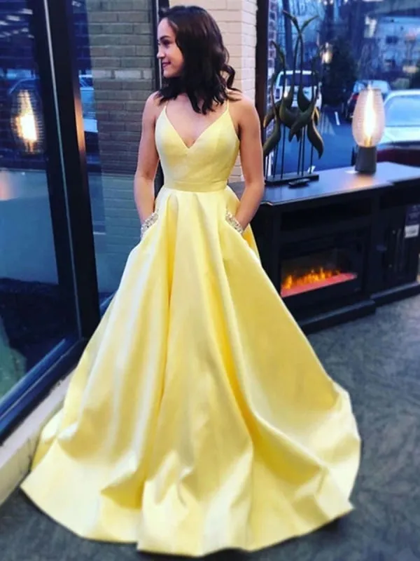 A Line Spaghetti Straps Yellow V Neck Satin Long Prom with Pockets, V Neck Yellow Formal Graduation Evening