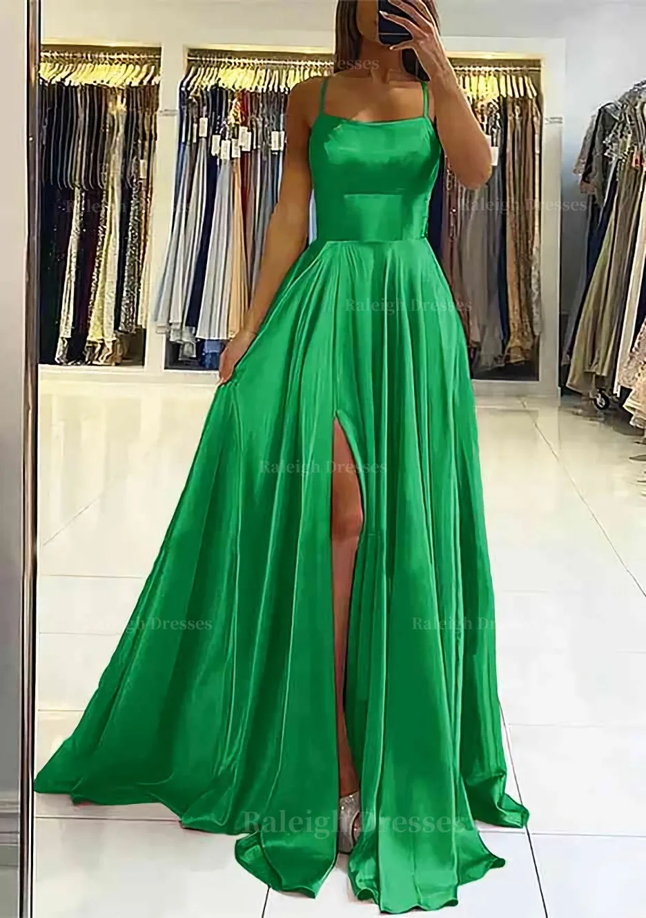 A-line Square Neckline Sleeveless Satin Sweep Train Prom Dress With Pleated