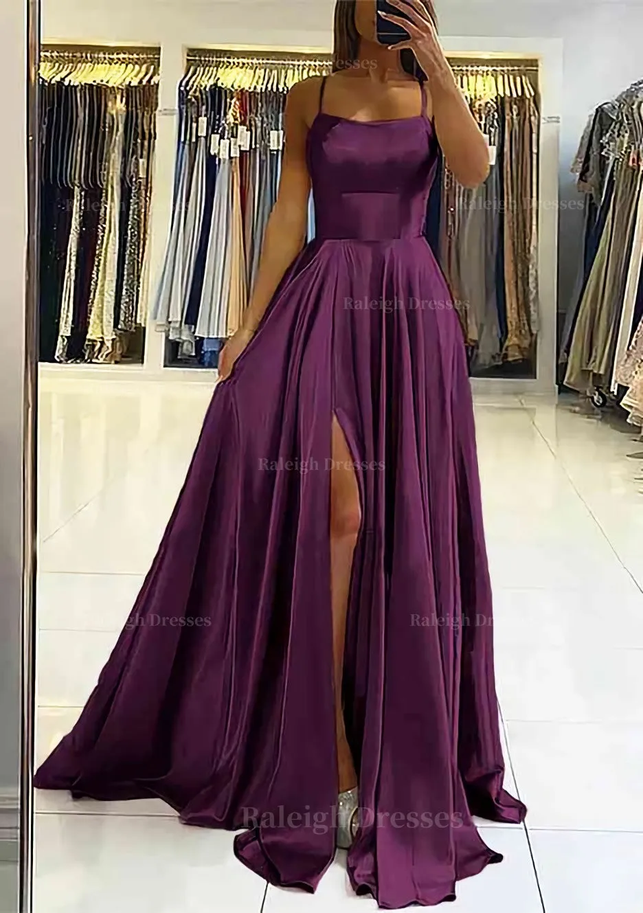 A-line Square Neckline Sleeveless Satin Sweep Train Prom Dress With Pleated